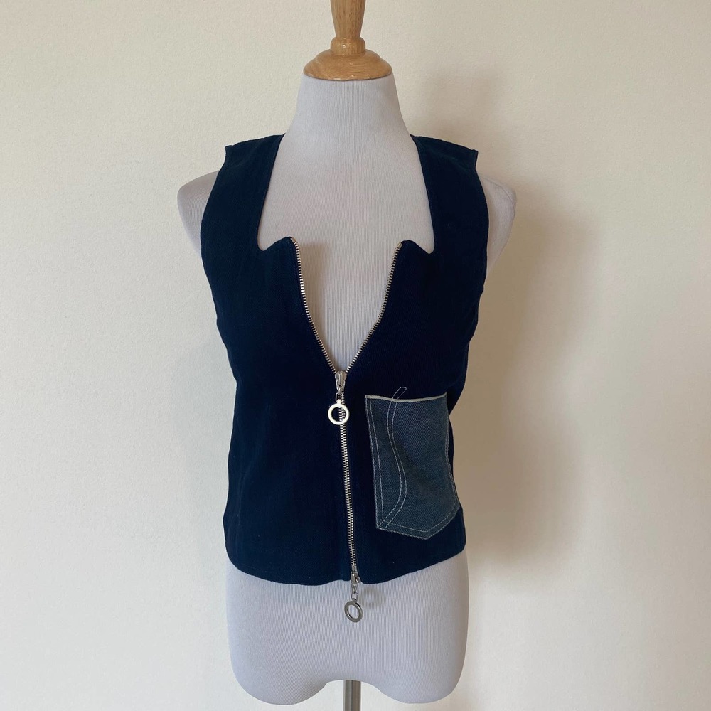 EDUN Zip Front Vest Denim Blue Pocket Size 0